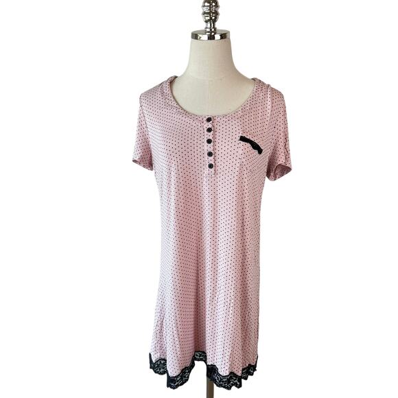 Soma Polka Dot Mini Night Gown Sleep Dress size Medium Pink Black Lace Buttons - Picture 1 of 5